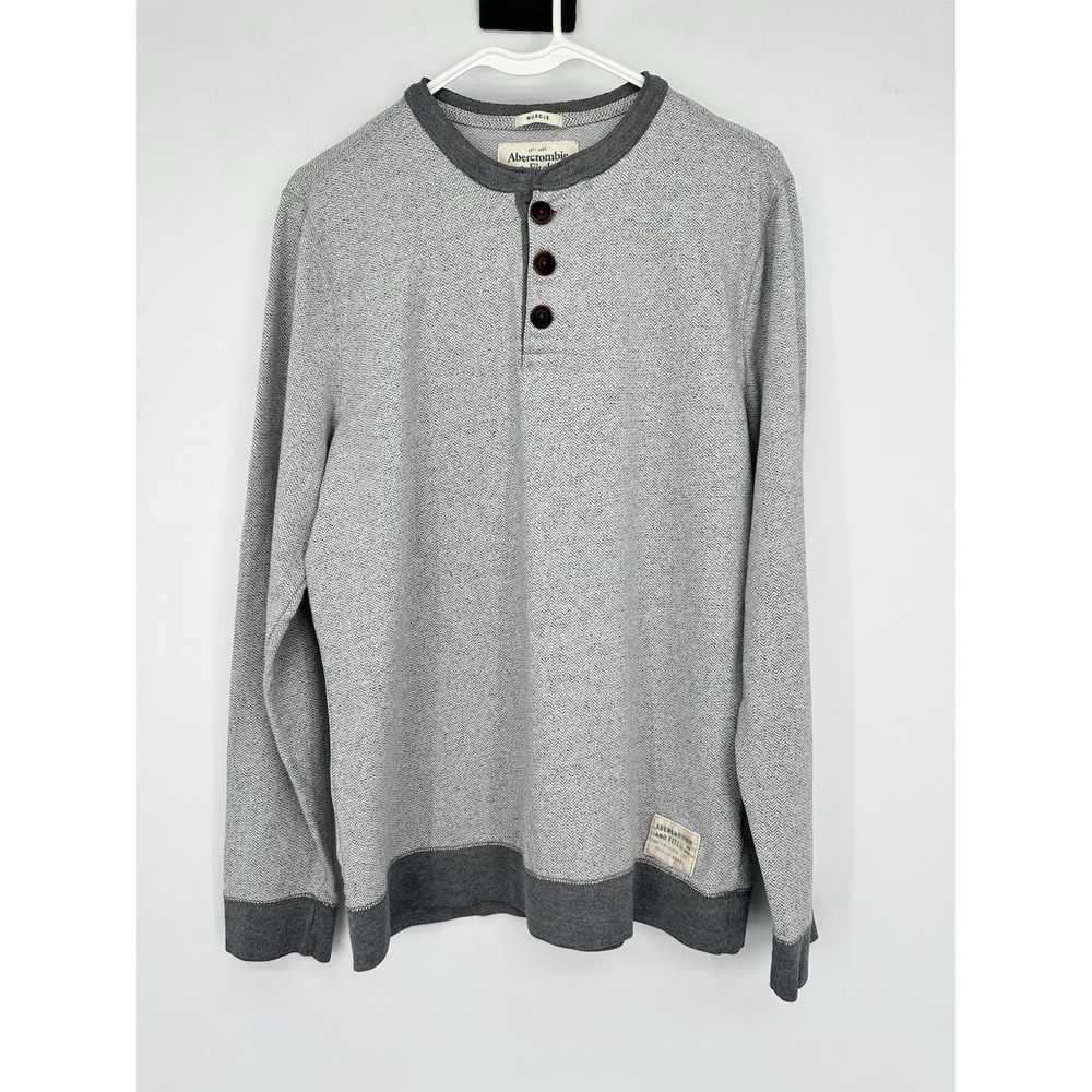 Abercrombie Muscle Henley Shirt Gray Herringbone Long Sleeve M Slim Normcore Y2K